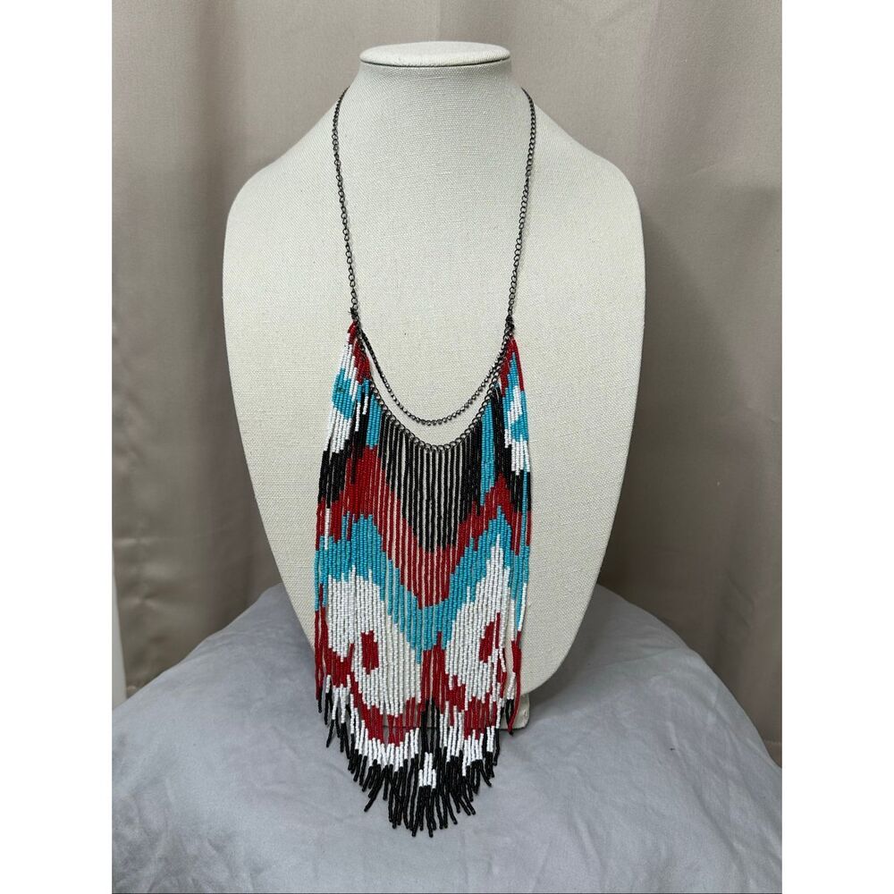Handmade Beaded Statement Necklace Tribal Boho Fringe Bib Southwest Festival - Picture 2 of 10